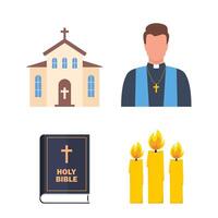 christen religie attributen met kaars, kerk, priester, Bijbel. vector reeks van illustratie.