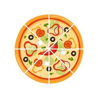 vers ronde pizza besnoeiing in driehoekig stukken. pizza met tomaat, kaas, olijf, peper, ui, basilicum. traditioneel Italiaans snel voedsel. top visie maaltijd. vector illustratie.