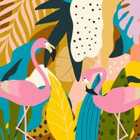 Tropische jungle bladeren en bloemen poster achtergrond met flamingo&#39;s vector