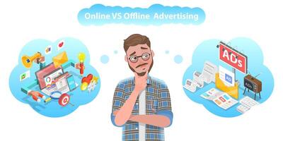 3d vector conceptuele illustratie van online vs offline reclame.