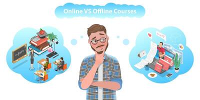 3d isometrische vector concept van online cursussen vs offline cursussen.