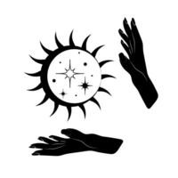 hand- met zon, maan en sterren. esoterisch. abstract symbool voor schoonheidsmiddelen en verpakking, sieraden, logo, tatoeëren. vector