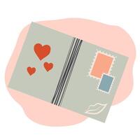 brief met harten, port postzegel en kus. vlak illustratie. valentijnsdag dag kaart ontwerp. schattig ansichtkaart vector