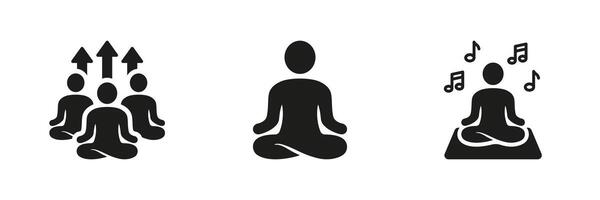 welzijn silhouet icoon set. mediteren en kom tot rust symbool verzameling. groep yoga opdrachten en meditatie, zen houding glyph pictogram. kalm, rust, balans teken. geïsoleerd vector illustratie