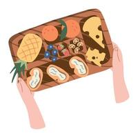 Mens Holding een bord met snacks. picknick voedsel, fruit snacks brood vector