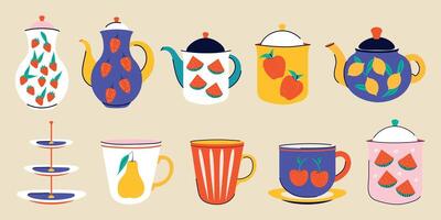 een groot reeks en verzameling van gerechten in een modern modieus stijl. thee en koffie. groovy ontwerp. vector illustratie. levendig kleuren. vlak stijl. keramisch servies. psychedelisch ansichtkaart. voedsel en behandelt