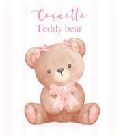 modieus coquette teddy beer met roze lint boog, retro wijnoogst waterverf vector