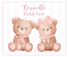 twee coquette teddy beer met lint boog modieus retro wijnoogst waterverf illustratie vector