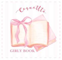 retro coquette boeken geopend met roze lint boog illustratie, modieus preppy chique roze waterverf kunst vector