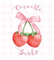 coquette aardbeien met roze lint boog, esthetisch waterverf hand- tekening vector