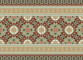 pixel ikat en kruis steek meetkundig naadloos patroon etnisch oosters traditioneel. aztec stijl illustratie ontwerp voor tapijt, behang, kleding, inpakken, batik. vector