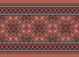 pixel ikat en kruis steek meetkundig naadloos patroon etnisch oosters traditioneel. aztec stijl illustratie ontwerp voor tapijt, behang, kleding, inpakken, batik. vector