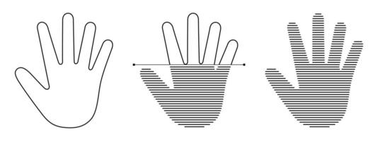 palm afdrukken herkenning icoon set. gebruiker hand- biometrisch ID kaart scannen symbool. persoon identificatie veiligheid kenteken. menselijk vingerafdruk verificatie teken. digitaal toegang cyber veiligheid systeem concept vector logo