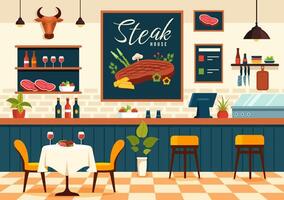 Steak-restaurant vector illustratie met restaurant dat biedt gegrild vlees met sappig heerlijk steak, salade en tomaten voor barbecue in achtergrond