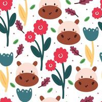 naadloos patroon tekenfilm nijlpaard en bloem. schattig dier behang voor textiel, geschenk inpakken papier vector