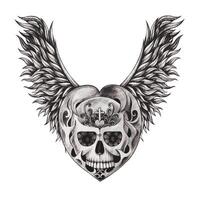 schedel tatoeëren vleugel hart engel ontwerp door hand- tekening Aan papier vector