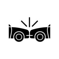 frontale botsing zwart glyph-pictogram. frontale botsing. twee voertuigen botsen op elkaar. auto's die in tegengestelde richting rijden. silhouet symbool op witte ruimte. vector geïsoleerde illustratie