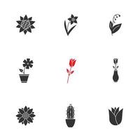 bloemen glyph pictogrammen instellen. silhouet symbolen. zonnebloemkop, narcis, meilelie, hibiscus, rozen, lotus, cactus, rozenknop. vector geïsoleerde illustratie