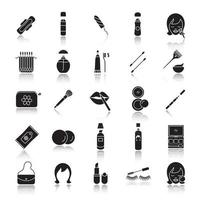 cosmetica accessoires slagschaduw zwarte glyph iconen set. vrouwen goederen. hygiënische verzorgingsproducten. toiletartikelen. verzinnen. geïsoleerde vectorillustraties vector