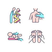 massage therapie technieken rgb kleur iconen set. druk op triggerpoints. behandeling van pasgeboren koliek. reflexologie. geïsoleerde vectorillustraties. eenvoudige gevulde lijntekeningencollectie. bewerkbare streek vector