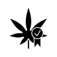 cannabis kwaliteitscontrole zwarte glyph icoon. medische marihuana productevaluatie. normen voor de hennepindustrie. kwaliteitscertificering. silhouet symbool op witte ruimte. vector geïsoleerde illustratie