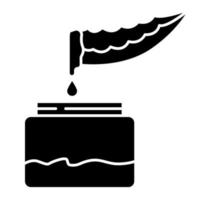 aloë vera sap zwart glyph-pictogram. geneeskrachtig kruidenextract. biologische plantaardige vloeistof. gesneden cactusdoorn met druppel. cosmetisch product. silhouet symbool op witte ruimte. vector geïsoleerde illustratie