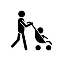 wandelen met kinderwagen zwart glyph-pictogram. neem kind mee om buiten te wandelen. wandelen met kinderwagen. vroege hechtingstijd met pasgeboren. silhouet symbool op witte ruimte. vector geïsoleerde illustratie