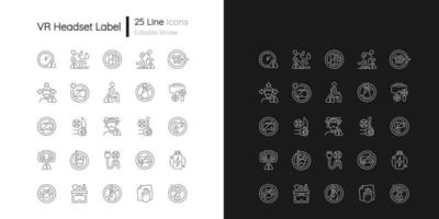 vr-headset lineaire handmatige labelpictogrammen ingesteld voor donkere en lichte modus. aanpasbare dunne lijn symbolen. geïsoleerde vectoroverzichtsillustraties voor instructies voor productgebruik. bewerkbare streek vector
