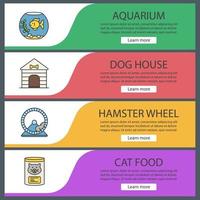 huisdieren levert webbannersjablonen ingesteld. aquarium, hondenhok, hamsterwiel, kattenvoer. website kleur menu-items. ontwerpconcepten voor vectorkoppen vector