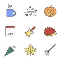 herfst seizoen kleur pictogrammen instellen. warme drankmok, pompoen, wind waait, schoolbel, egel, paraplu, esdoornblad, hark, 1 september kalender. geïsoleerde vectorillustraties vector