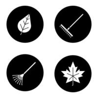 herfst glyph pictogrammen instellen. harken, bladeren. vector witte silhouetten illustraties in zwarte cirkels