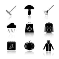 herfst seizoen slagschaduw zwarte glyph pictogrammen instellen. hark, paddestoel, regenwolk, rugzak, 31 oktober kalender, pompoen, regenjas, herfstwinkelen. geïsoleerde vectorillustraties vector