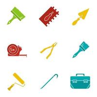 bouw tools glyph kleur icon set. silhouetsymbolen op zwarte achtergronden. penselen, meetlint, tangen, verfroller, koevoet, gereedschapskist. negatieve ruimte. vectorillustraties vector