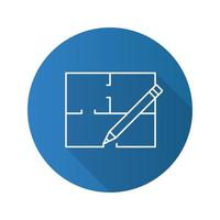 plattegrond plat lineaire lange schaduw pictogram. platte blauwdruk. vector overzichtssymbool