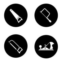 bouw tools glyph pictogrammen instellen. ijzerzaag, krik vliegtuig, figuurzaag, handzaag. vector witte silhouetten illustraties in zwarte cirkels