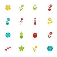 bloemen glyph kleur pictogramserie. tuin, wild, kamerplanten. bloeiende decoratieve bloemen. silhouetsymbolen op zwarte achtergronden. negatieve ruimte. vectorillustraties vector