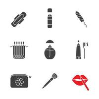 cosmetica accessoires glyph pictogrammen instellen. silhouet symbolen. deodorant, hygiënische tampon, oordopjespakket, parfum, tandpasta, make-uptasje, make-upborstel. vector geïsoleerde illustratie