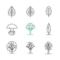 bomen lineaire pictogrammen instellen. populier, berken, eikenbladeren en bomen, paddenstoelen, dennen. dunne lijn contour symbolen. geïsoleerde vectoroverzichtsillustraties vector