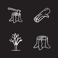 bosbouw krijt pictogrammen instellen. stronken met bijl erin, boom zonder bladeren, brandhout. geïsoleerde vector schoolbord illustraties