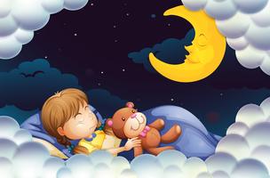 Meisjeslaap met teddybear bij nacht vector