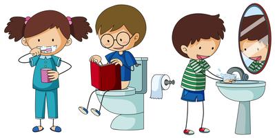 Kinderen die verschillende routine in badkamers doen vector