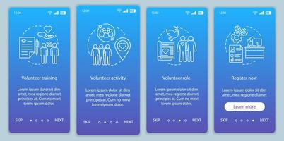 vrijwilliger wordt onboarding mobiele app-paginascherm vectorsjabloon. humanitaire hulp. vrijwilligersservice walkthrough website stappen met lineaire illustraties. ux, ui, gui smartphone-interfaceconcept vector