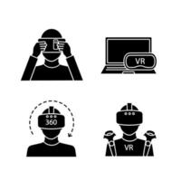 virtual reality glyph pictogrammen instellen. silhouet symbolen. vr-karton, spelers, computerheadset, 360 graden video. vector geïsoleerde illustratie