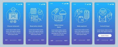 restaurant onboarding mobiele app pagina scherm vector sjabloon. evenement gast café maaltijd. Cousine dinermenu. walkthrough website stappen met lineaire illustraties. ux, ui, gui smartphone-interfaceconcept