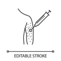 vaccin allergie lineaire pictogram. dunne lijn illustratie. vaccinatie injectie. spuit in de arm. drugs injecteren. huiduitslag, irritatie. contour symbool. vector geïsoleerde overzichtstekening. bewerkbare streek