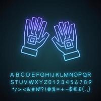 vr handschoenen neon licht icoon. haptische, draadgebonden handschoenen. datahandschoenen, cyberhandschoenen. gloeiend bord met alfabet, cijfers en symbolen. vector geïsoleerde illustratie