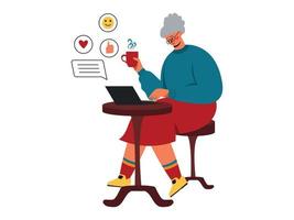 een oudere vrouw zit op sociale netwerken, chat, online. oma drinkt thee en zit bij een laptop vector