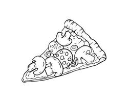 een stuk pizza getekend met een zwarte lijn, pictogram, doodle vector