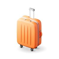 3d oranje reizen koffer geïsoleerd Aan wit. geven plastic tas. reizen of reis concept. plastic geval. trolley Aan wielen. reizen bagage en bagage. realistisch vector illustratie