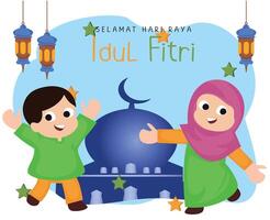 paar schattig moslim kind groet gelukkig eid viering met moskee achtergrond vector